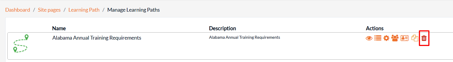 Learn2Care LMS showing delete option for a training path
