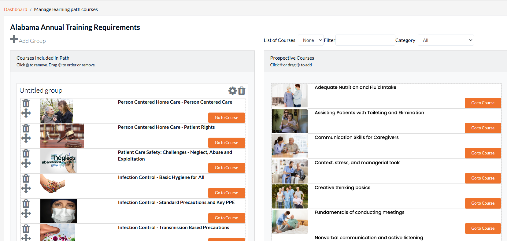 Learn2Care LMS: Course editor for managing learning paths and training requirements