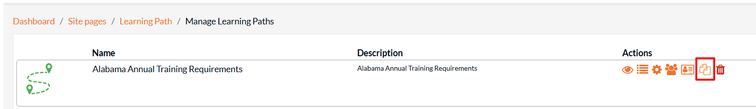 Learn2Care LMS 'Manage Learning Paths' screen, highlighting the clone icon to duplicate a training path