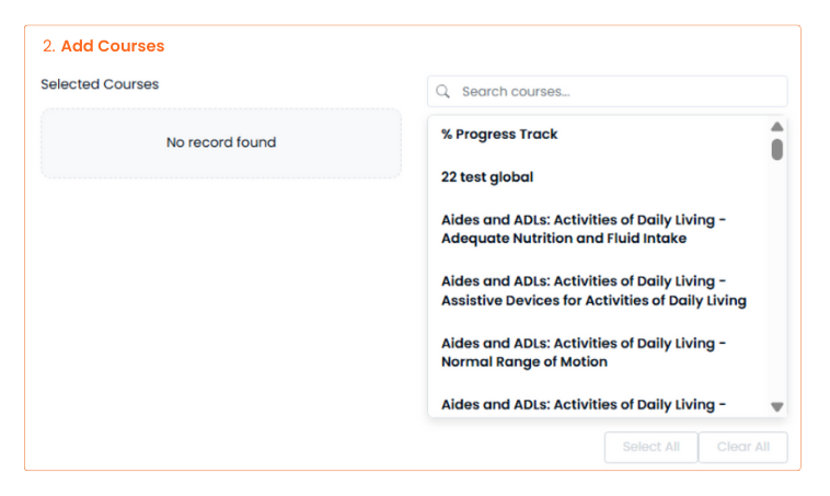 Learn2Care LMS screen for adding courses