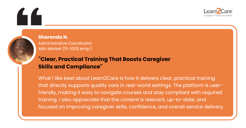 Five-star customer review praising Learn2Care's caregiver training platform